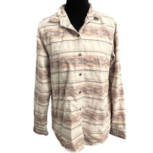 Women's Woolrich Button Down Shirt S Beige Brown Striped Cotton